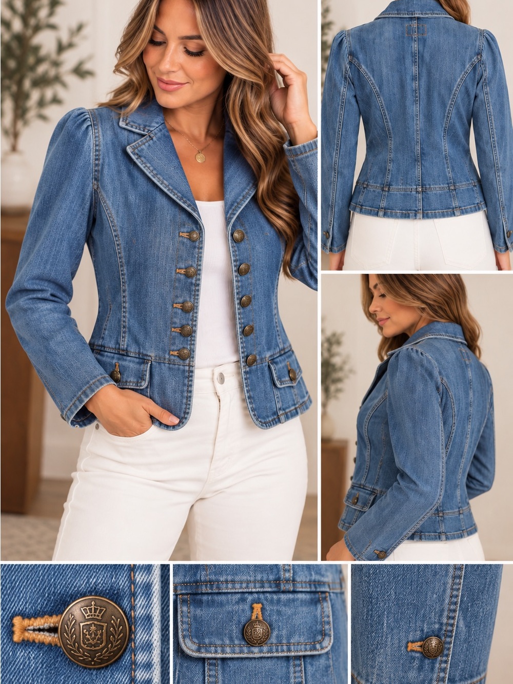 Chaps Blue Denim Military-Button Jean Jacket for Women